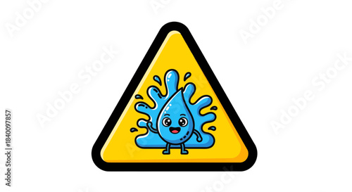 Water Droplet Mascot Showing Water Splash Inside a Caution Triangle Symbol