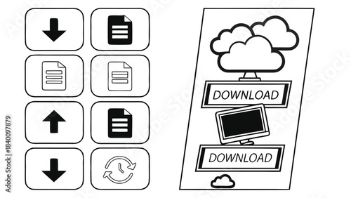 Vector illustration set of black and white icons for download, upload, file management, and cloud synchronization