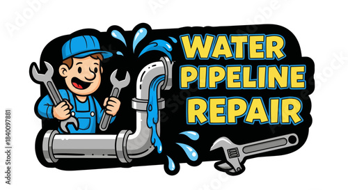 Water Pipeline Repair: Expert Plumber Fixing Leakage and Maintenance Illustration