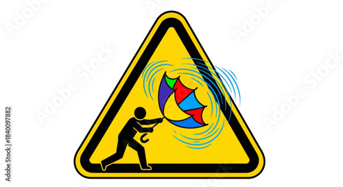 Weather Warning: Symbol Illustrates A Person Battling a Colorful Umbrella Against Strong Winds