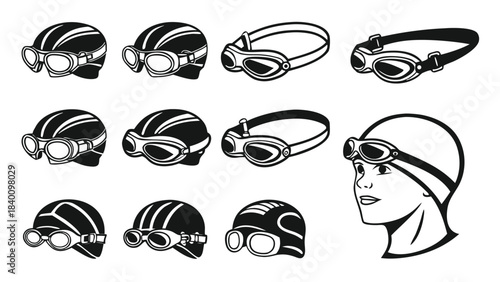 Vector illustration set of vintage swimming goggles and swim caps