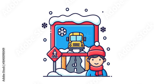 Winter Scene Featuring Bus Stop, Pedestrian Crossing, And A Smiling Child On A Cold Day