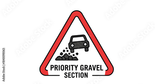 Warning Sign Indicating Priority Gravel Section with Car Icon and Triangular Boundary