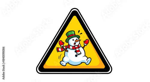 Winter Warning Sign Featuring A Scared Snowman, Isolated on White Background