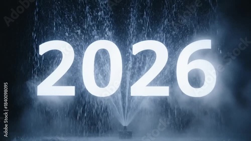 Future Year 2026 Displayed With Glowing White Digits Emerging From Blue Water Mist And Spray In Dark Environment With Soft Light Illumination