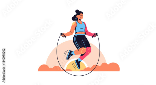 Woman Exercising With Jumping Rope In Front Of Sunset Background Graphic Illustration