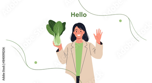 Woman Greeting and Showcasing Nutritious Green Produce with a Cheerful Gesture