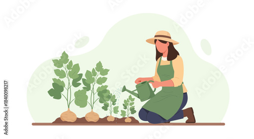 Woman Gardening, Watering Plants with Green Watering Can in Garden Illustration