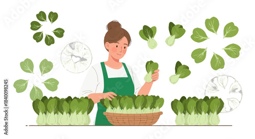 Woman Harvesting Fresh Bok Choy in A Basket with Artistic Green Leaves Elements