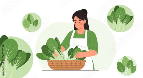 Woman Harvesting Fresh Bok Choy From a Wicker Basket Representing Healthy Eating Practices