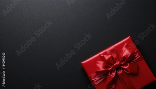 Surprise Gift Wrapped in Shiny Red Paper With a Large Bow on a Dark Background