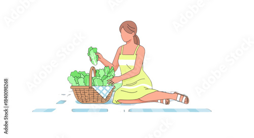 Woman Harvesting Fresh Greens From Basket with a Summer Dress and Sandals Fashion Choice