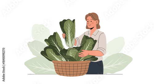 Woman Harvesting Fresh Greens From Basket of Vegetables in Beautiful Illustration