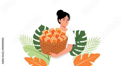 Woman Holding A Basket Of Food Surrounded By Tropical Leaves Illustration