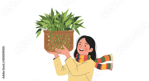 Woman Holding A Basket Of Fresh Vegetables, A Delightful Illustration on Black Background
