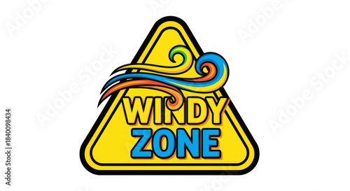 Warning Sign Indicating Strong Wind Conditions In A Colorful And Playful Design