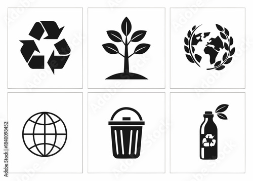 Collection of environmental and recycling icons on a white background
