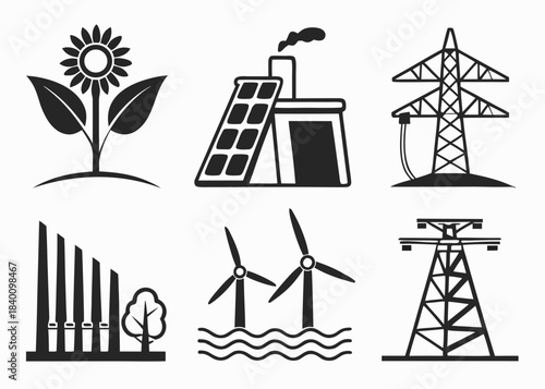 Set of icons representing different sources of energy and power generation