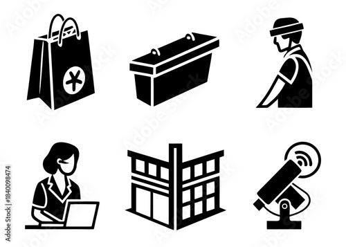 Collection of black and white icons representing business and services