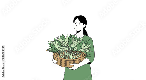 Woman Holding Basket Of Fresh, Healthy Greens Against a Timeless Black Backdrop