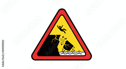 Warning Sign Indicating The Hazard of Rockslides And Falling Risks Along A Coastline