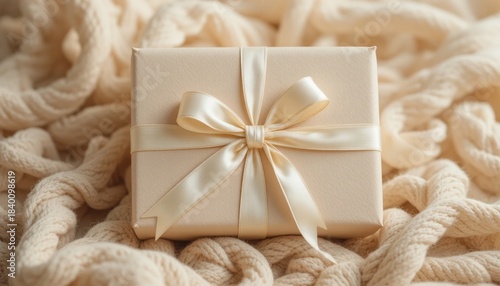 Beautifully Wrapped Gift Box With Bow on Soft Textured Background