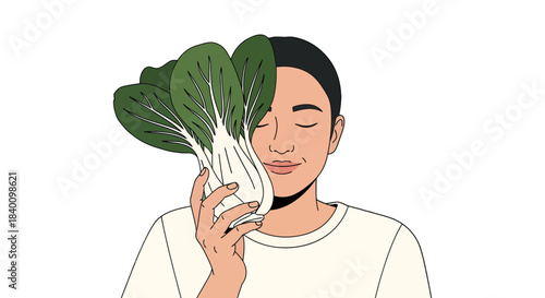 Woman Holding Fresh Bok Choy Plant Vector Illustration with Black Background