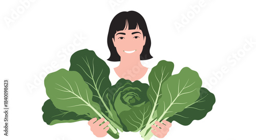 Woman Holding Fresh Green Lettuce Depicted in a Colorful Illustration on Black Background