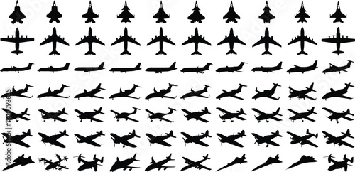Vector silhouettes collection of diverse military fighter jets, large commercial passenger planes, and vintage propeller aircraft isolated on a clean white background.
