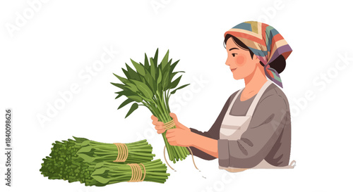 Woman Holding Fresh Green Vegetable Bunches Ready for Harvest or Sale
