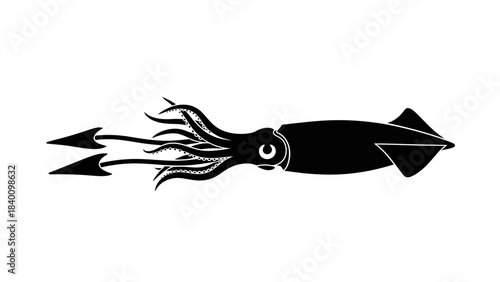 Black Silhouette of a Squid with Tentacles and Fins.