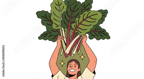 Woman Holding Fresh Harvested Swiss Chard Illustration on a Dark Background