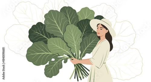 Woman Holding Greenery: Artistic Illustration Depicting Organic Beauty and Natural Harvest