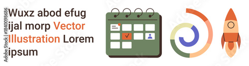 Business strategy, project planning, timeline management, entrepreneurship, productivity tools, organizational concepts. Calendar with marked date, growth diagram rocket. Business strategy