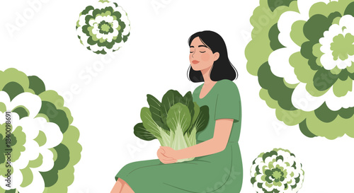 Woman Holding Green Vegetable in a Peaceful Pose with Natural Background