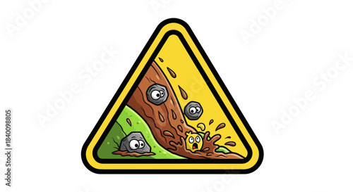 Warning Sign of a Landslide: Cartoon Illustration of Danger and Environmental Hazard