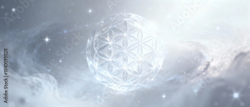 Abstract illustration of the flower of life with an ethereal sphere floating amidst dreamy clouds. This represents spiritual and sacred geometry 