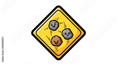 Warning Sign Of Falling Stones Depicting Cartoon Rocks with Various Expressions