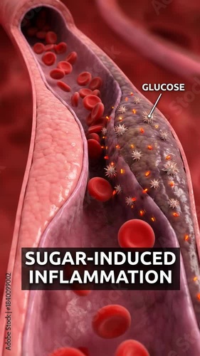 A detailed medical illustration showcases the intricate effects of sugar-induced inflammation within a blood vessel, highlighting glucose and blood cells.