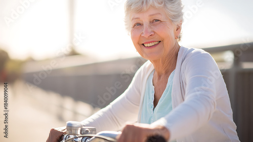 Smiling senior woman enjoys a bike ride, basking in the sunlight. Her joyful expression showcases an active and healthy lifestyle in her golden years.