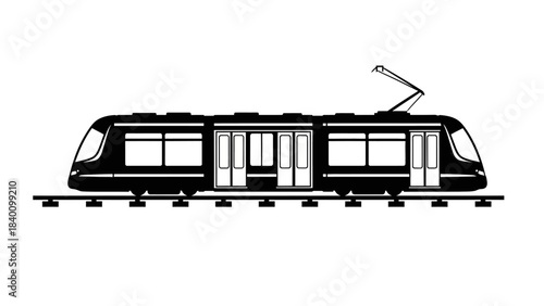 Modern Electric Tramway Vehicle on Railway Tracks.