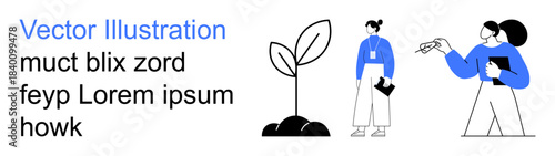 Education, professional growth, teamwork, collaboration, business strategy, environmental awareness. A plant and two professionals. Education and professional growth concepts