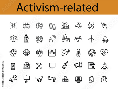 Diverse set of activism and social justice related line art icons protest human rights