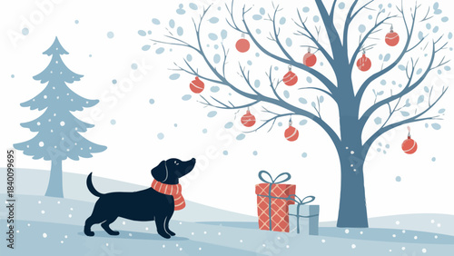 Charming black dog with red scarf admires decorated winter tree and presents during snowfall
