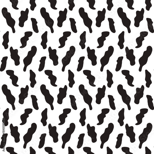 Holstein cow print seamless pattern with uneven blob shapes and amoeba motifs for farm backgrounds. Modern allover animal print. Monochrome vector illustration. Spotty small dash ornament.