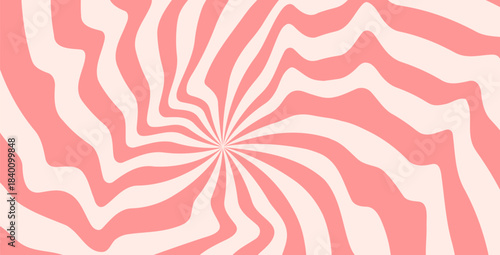 Twisted pink candy pattern illustration. Cream texture starburst background. Retro spiral sun rays backdrop. Vector wavy dynamic lines decoration. Carnival stripes vintage design.