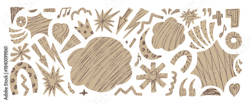 Abstract collage scrap cutouts background. Geometric and organic figures set. Music note, stars, arrows, heart doodle stickers with crayon drawn textures. Vector graphic illustration isolated no bg.