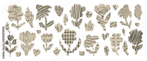 Flowers cutouts set. Scrap book paper floral elements collection. Beige paper collage leaves, poppy, tulip and wildflowers shapes. Scrapbook scribbles with handmade texture. Vector collages figures.