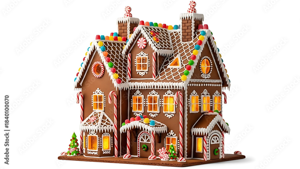 Obraz premium Elaborate illuminated gingerbread house creation decorated with colorful candies and icing