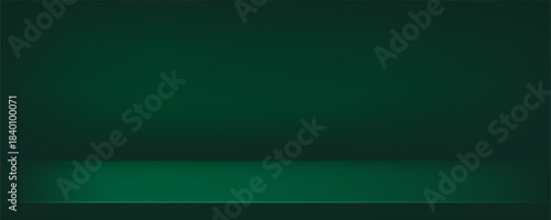 Dark green gradation background. Deep natural wall product room. Minimal emerald blank shelf scene. Empty desk stage for cosmetic presentation. Vector gradient illustration. Banner eco template.